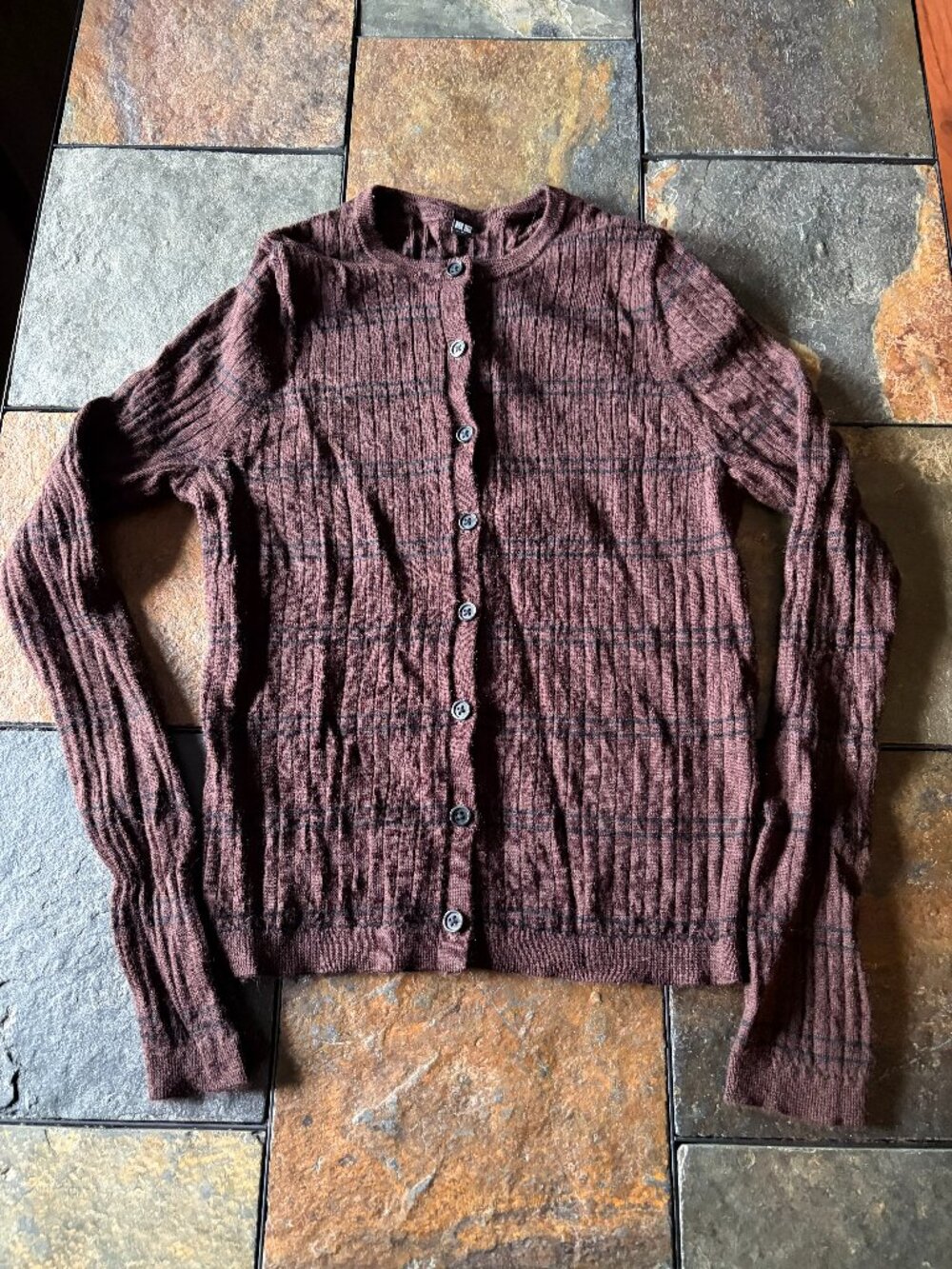 UNIQLO brown grid ribbed knit stretchy fitted cardigan size M